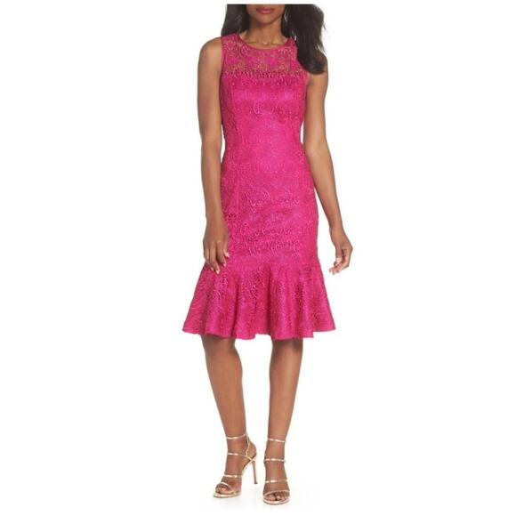 Eliza J Sleeveless Lace Sheath Knee Length Dress Hot Pink - Picture 1 of 9